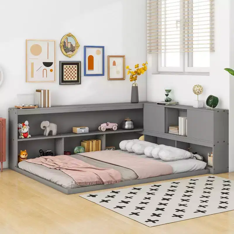 Okak Full Size Platform Bed Frame with L-shaped Bookcases,Storage Floor Bed for Kids Bedroom