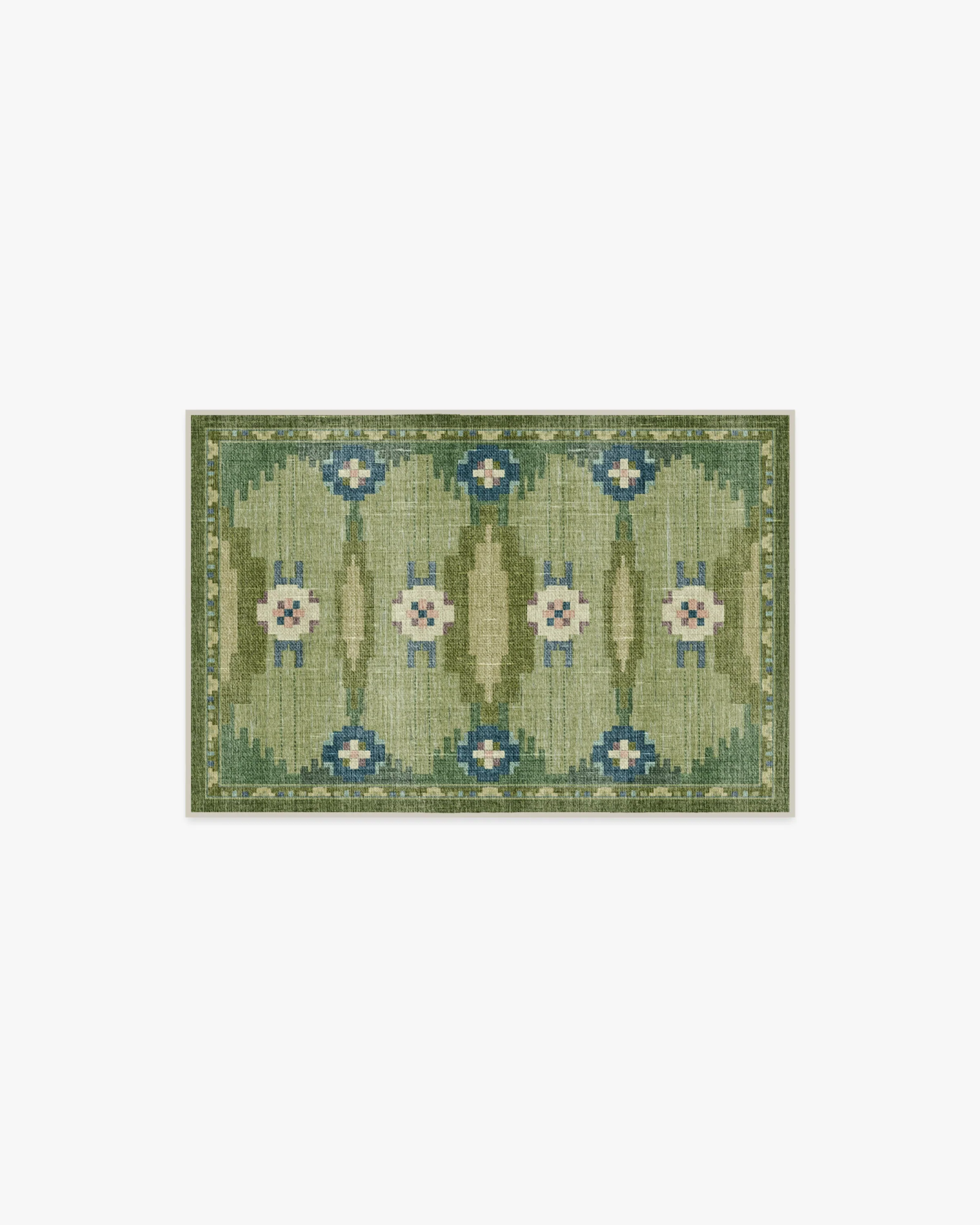 Nordic Folk Flatwoven Rug with Washable Fern Green Geometric Pattern for Living Room & Bedroom