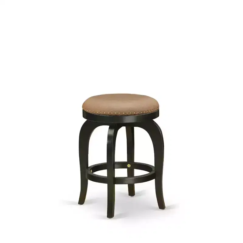 24 in. Backless Wooden Counter Barstool, Round Shape with Faux Leather Upholstered Seat, Brown