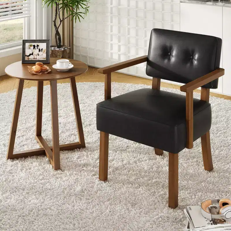 Mid-Century Accent Chair with Wood Frame & PU Leather, Brown Vertical Striped Upholstered Lounge Armchair for Living Room & Bedroom