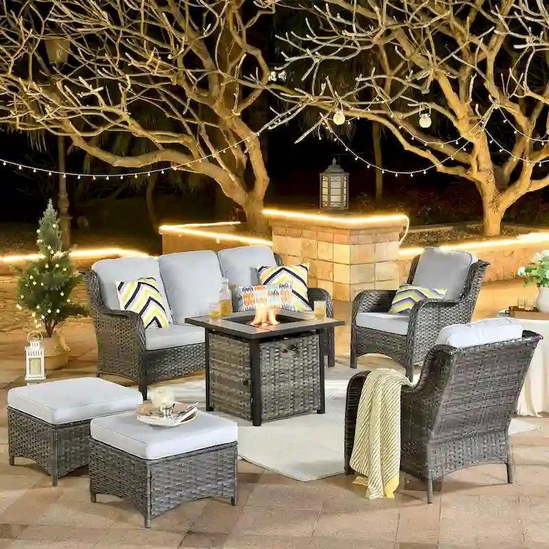 OVIOS Grey Wicker 6-piece Patio Furniture Set With 30 Fire Pit
