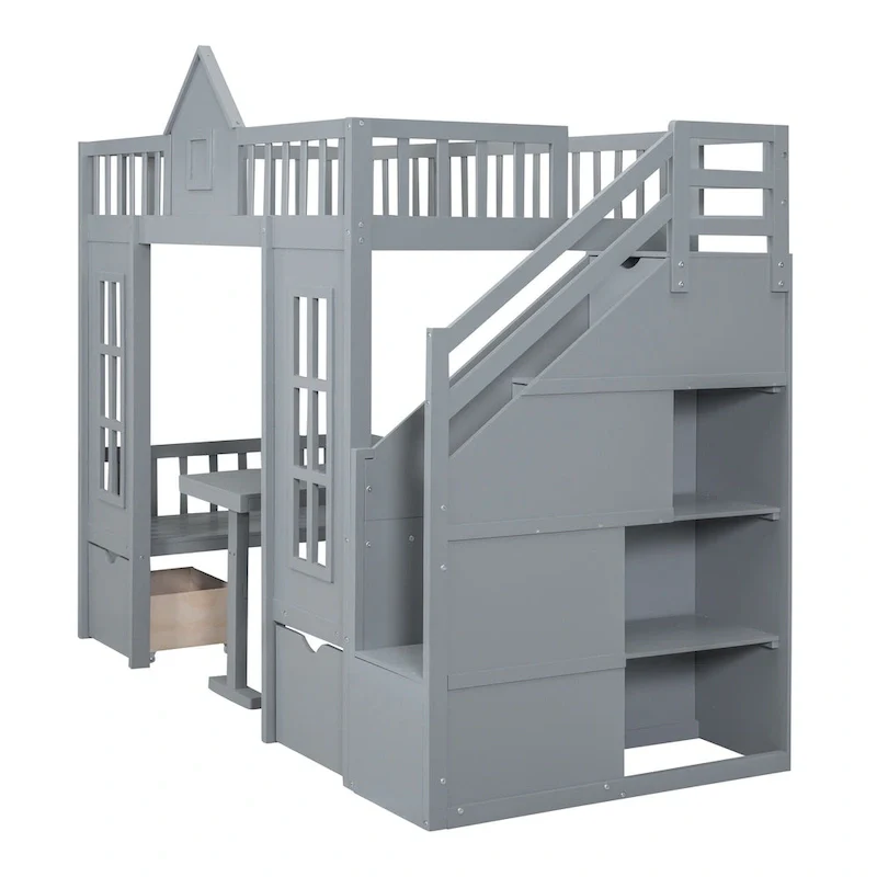 Twin Over Twin Bunk Bed with Convertible Desk - Gray