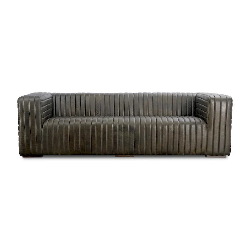 Modern Channel-Stitched Top-Grain Leather Sofa, 3-Seater