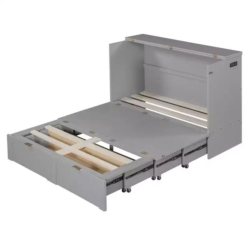 Full Size Murphy Bed with Drawer, Sockets & USB Ports, Pulley Structure Design