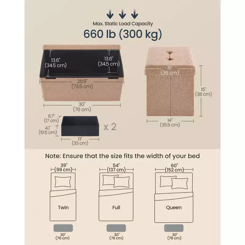Storage Ottoman Bench, Storage Chest, 15 x 30 x 15 Inches, End of Bed Bench, Load up to 660 lb