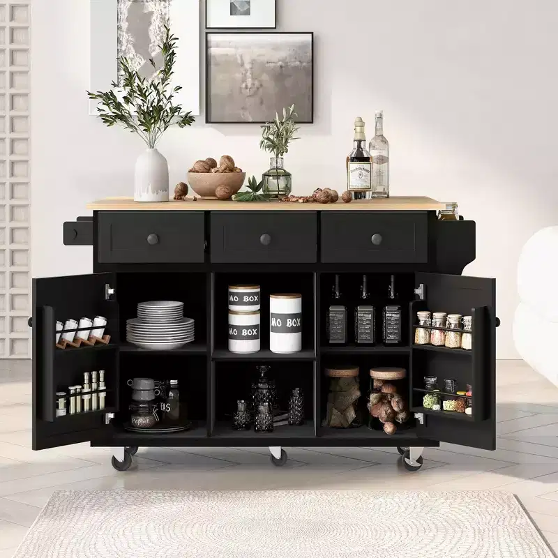 JVNOXK Five-wheel kitchen cart with rubberwood folding countertop and interior storage shelves in cabinet doors. Ideal for dining rooms. Black