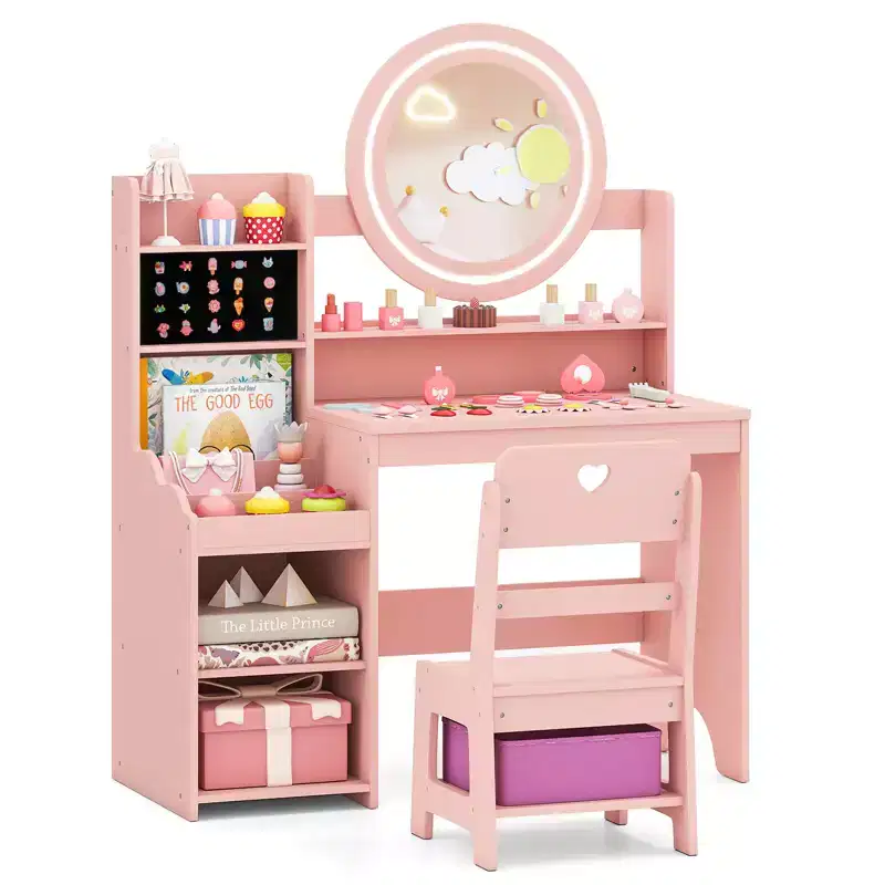 Costway Kids Vanity Table Set w/ Lighted LED Mirror Princess Dressing Table w/ Chair Pink