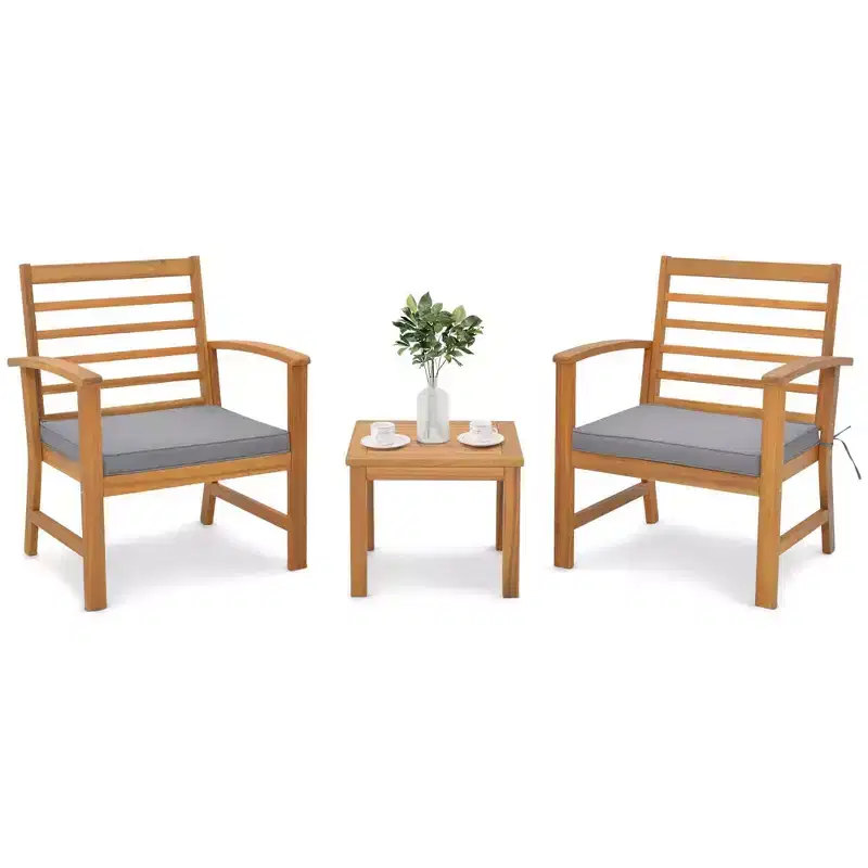 Costway 3 PCS Outdoor Furniture Set Acacia Wood Conversation Set with Soft Seat Cushions White/Grey/Navy