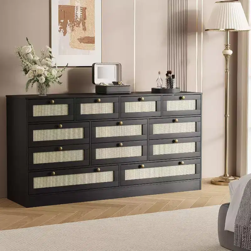 Wood Dressers for Bedroom with 12 Rattan Drawers, 61 Wide Chest of Drawers for Living Room, Wooden Closet Dressers, Modern TV Stand Dresser