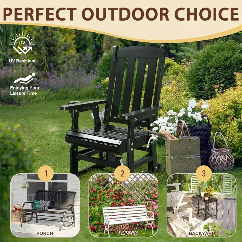 Karl Home | 32 in. Solid Wood Patio Glider Chair with Cup Holder