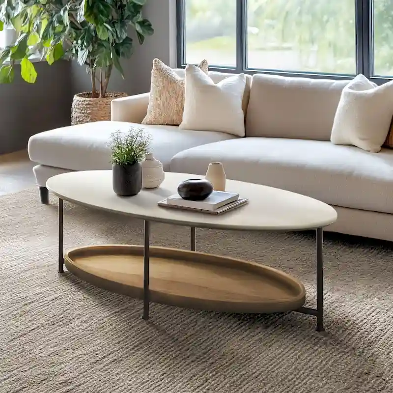 Oval Coffee Table with White Top and Natural Shelf