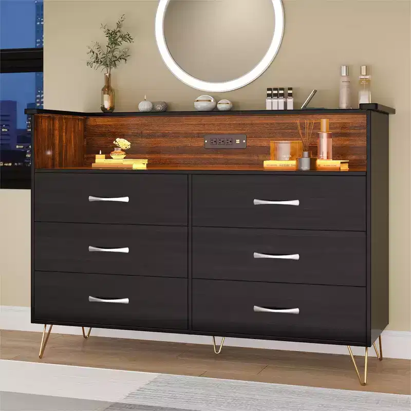 Dresser for Bedroom with LED Lights  6 Drawer Dressers with Charging Station, Wood Storage Chest for Entryway