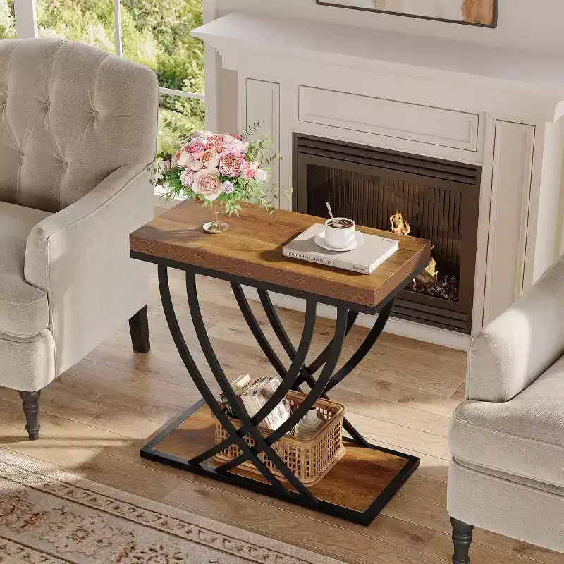 Lantine 2-Tier Narrow Side Table, Industrial End Table with Metal Frame for Living Room, Bedroom, Sofa Couch, Small Spaces, Rustic Brown