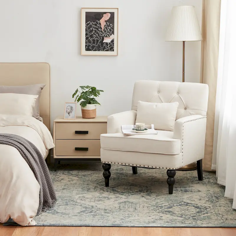 HUIMO Arm Chair Upholstered Button Tufted Accent Chair with Lumbar Pillow Beige/ Grey/ Light Blue/Brown