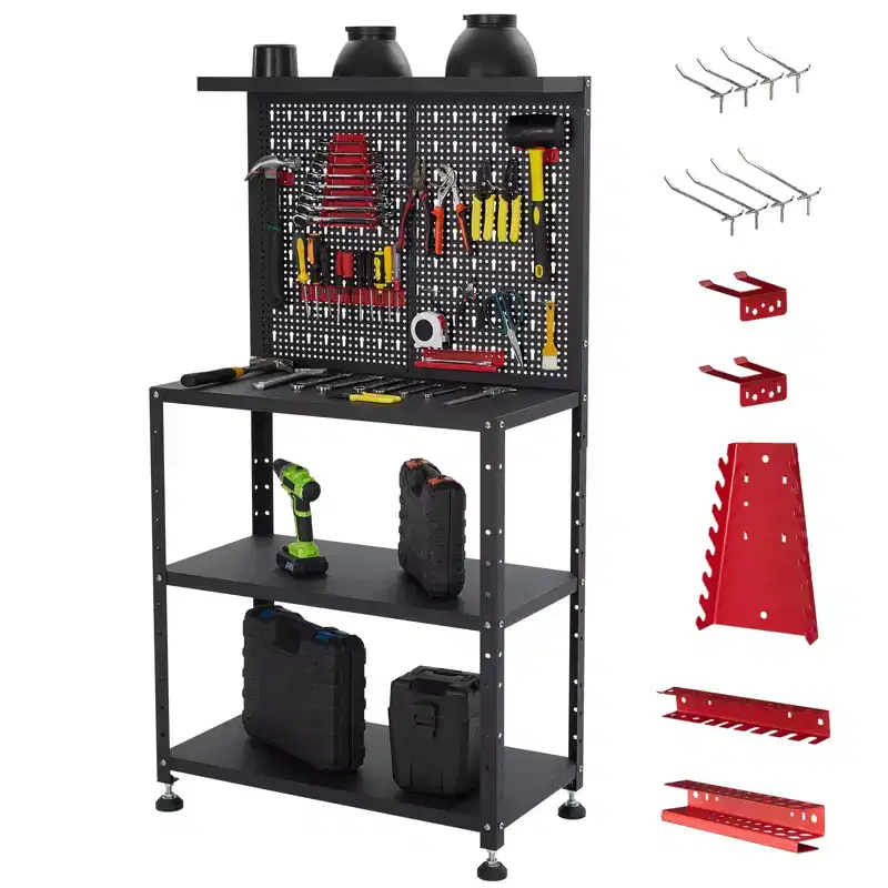 Workbench with Pegboard, Desktop Capicity , Heavy-Duty Steel Garage Workbench- with Hanging Kits and Storage Shelves, for Workshop, Garage