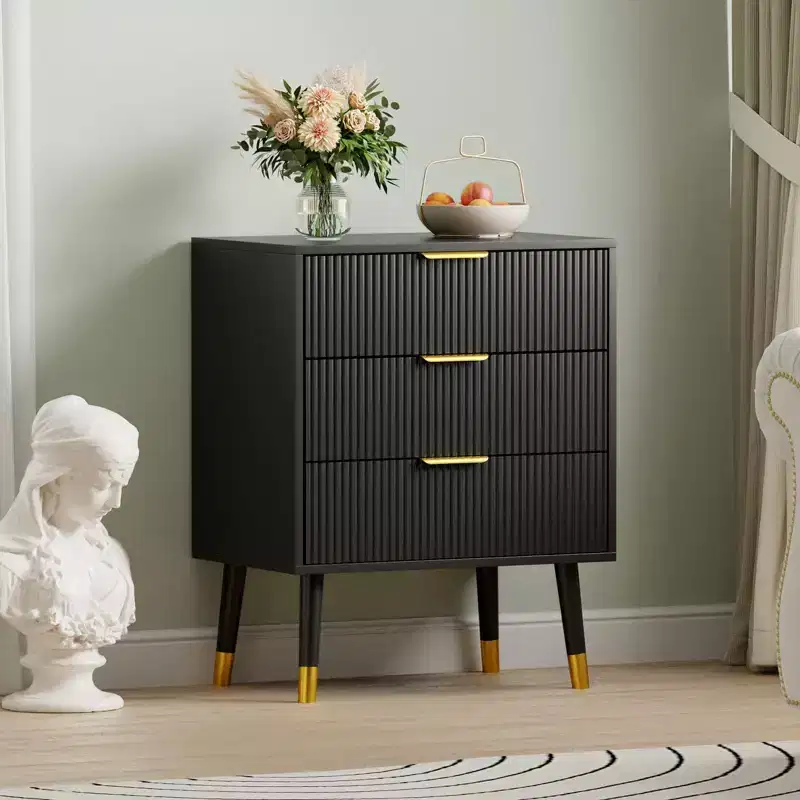 3-Drawer Fluted Dresser, Modern Bedroom Storage Chest with Wood Frame, Compact Dresser Nightstand for Bedroom Living Room