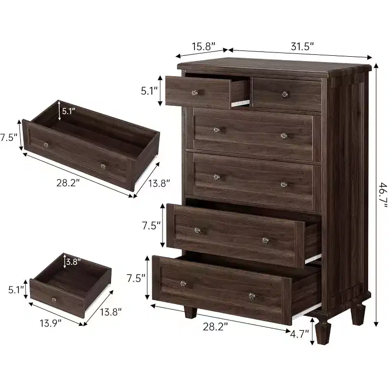 Wood 6-Drawer Dresser with Tapered Legs — Distressed Finish