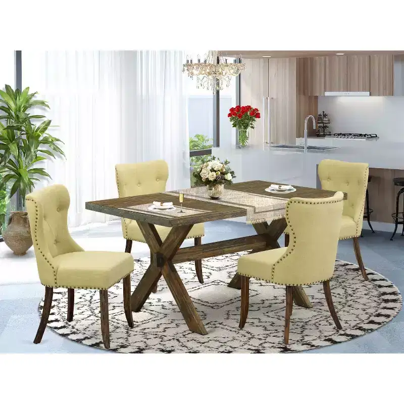 5-Piece Rectangle Distressed Jacobean Finish Solid Wood Top Dining Table with 4-Parson Chair