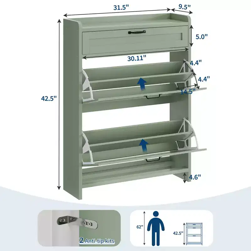 Shoe Cabinet with Flip Drawers & Top Drawer, Wood Hidden Storage, Freestanding Narrow Organizer for Hallway, Living Room