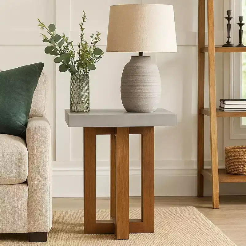 Royal Hampton End Table, Gray Faux Concrete Top, Walnut Brown Wood, 16 Inch