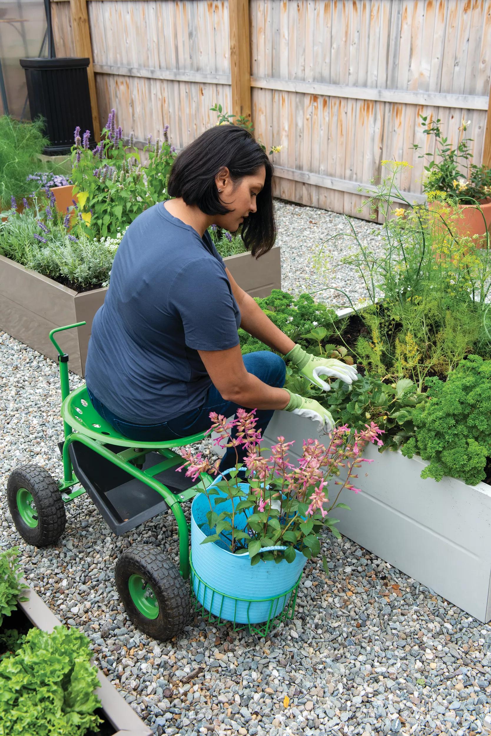 Deluxe Rolling Tractor Garden Scoot with Bucket Basket, Multi-Color