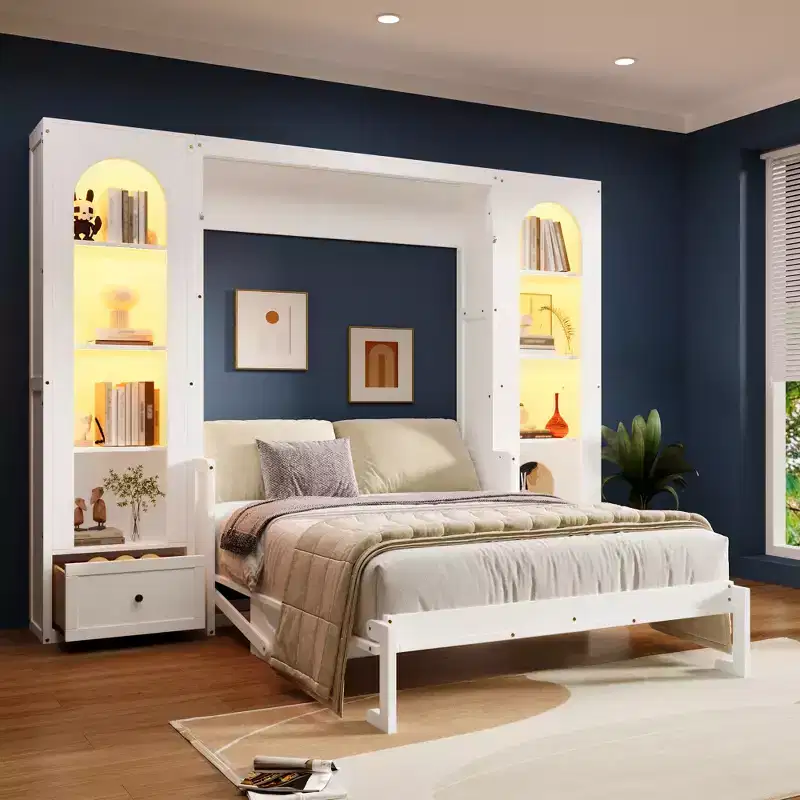 Queen Size Murphy Bed Wall Bed with Side Cabinets and LED Light, Cabinet Bed Folding Wall Bed with Storage Shelves and Drawers for Guest Room, White