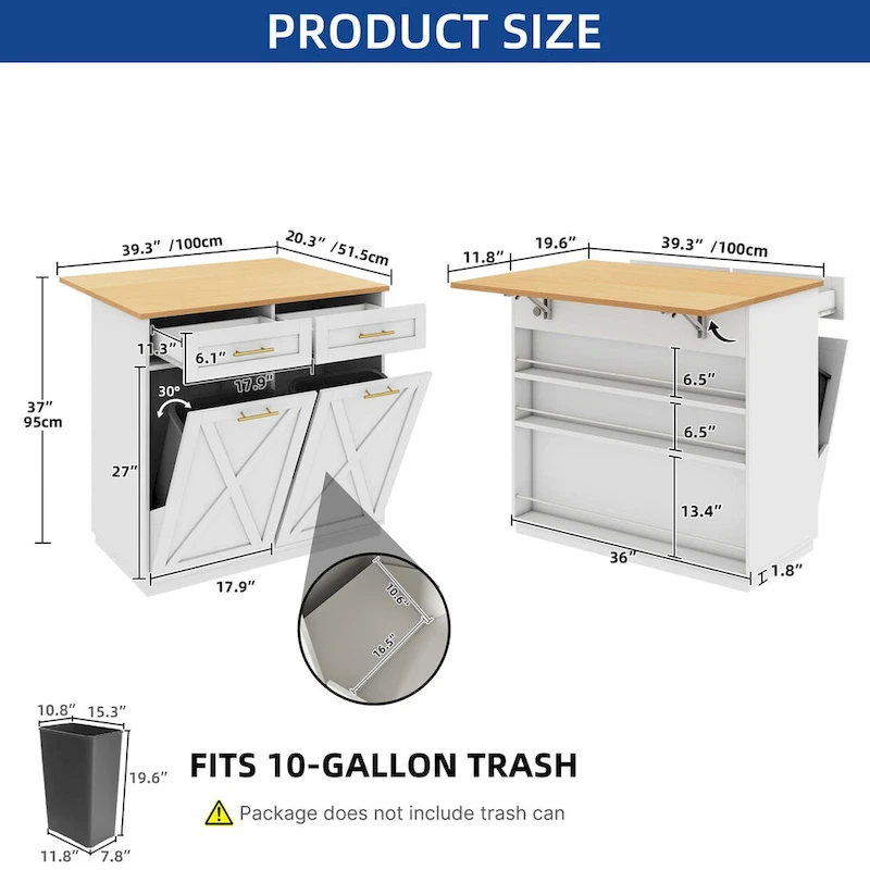 Kitchen Island Drop Leaf with Double Tilt Out Trash Cabinet
