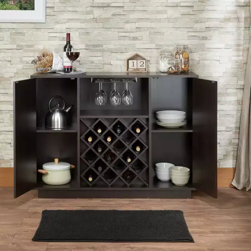 GDFStudio Mantua Modern Wood Wine Cabinet with 18-Bottle Rack, Cup Holder, and Storage Shelves