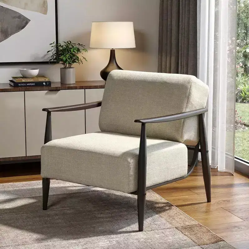 HomeRoots 28 Beige and Black Upholstered Cushion and Solid Wood Arm Chair