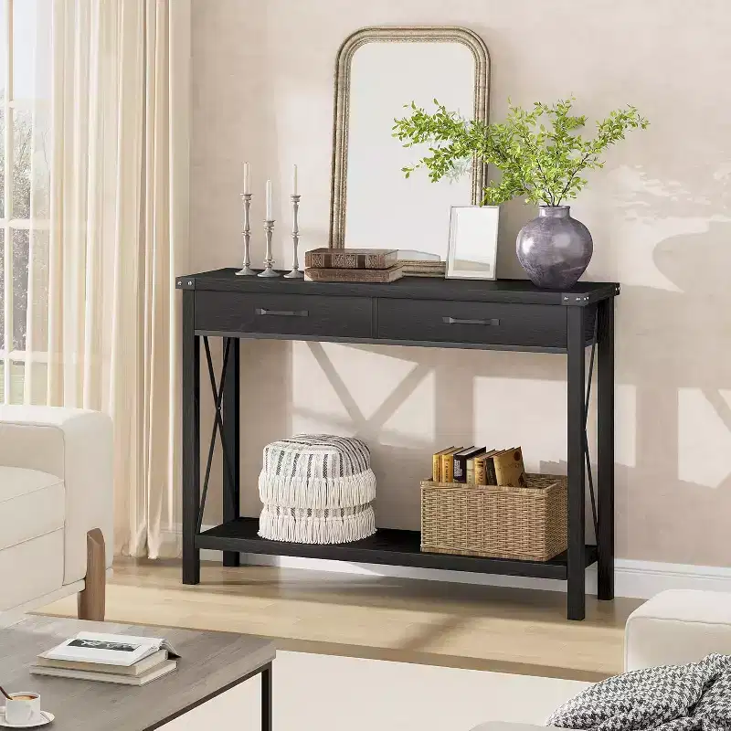 Console Table with 2 Drawers, Wood Entryway Table with Storage Shelf, Sofa Tables Narrow Long for Living Room, Entryway, Hallway, Foyer