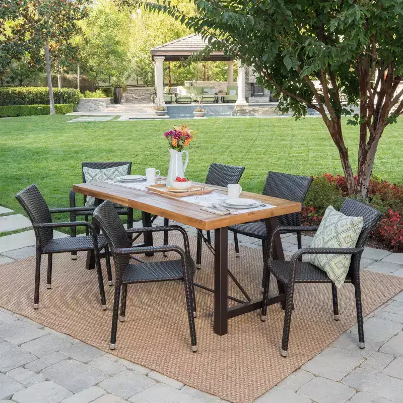 Spencer 7pc Wood & Wicker Dining Set - Brown - Christopher Knight Home: Weather-Resistant, Aluminum Frame