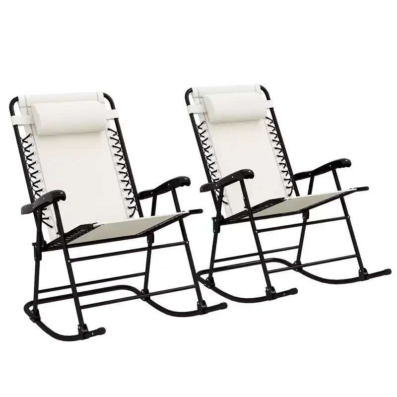 Outsunny Set of 2 Rocking Chairs Patio Lawn Chair Beach Reclining Folding Chairs with Pillow, Outdoor Portable Recliner for Camping Fishing Beach