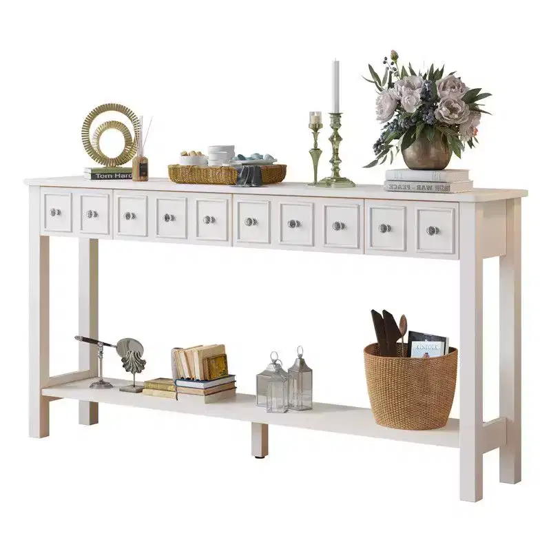 2 Tiers with 4 Drawers MDF Board 152.5*28*86.4cm Vintage White Entryway Table