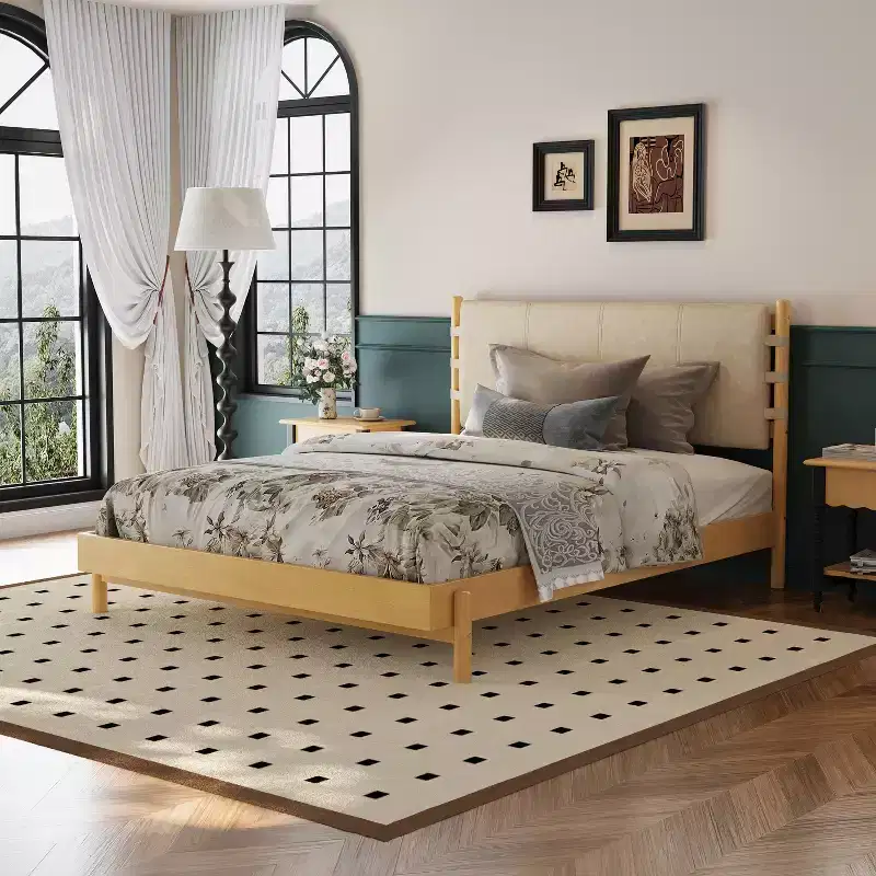 Christopher Knight Home Evelyn Mid-Century Modern Rubberwood Bed with Upholstered Headboard