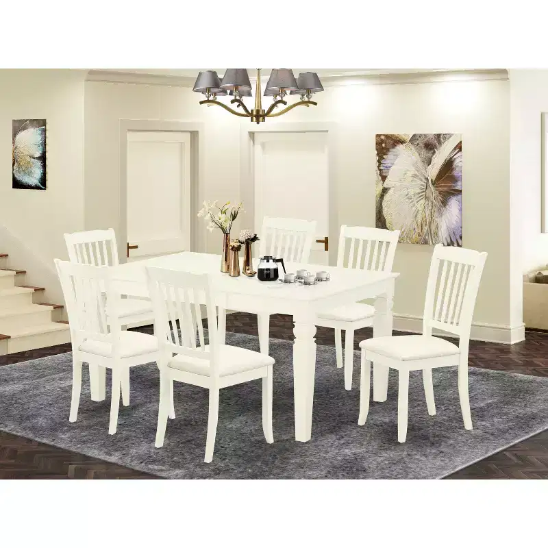 HomeStock Belmont 7Pc Dinette Set Includes a Rectangular Kitchen Table , Butterfly Leaf , Six Vertical Slatted Linen Seat Dining Chairs, White Finish