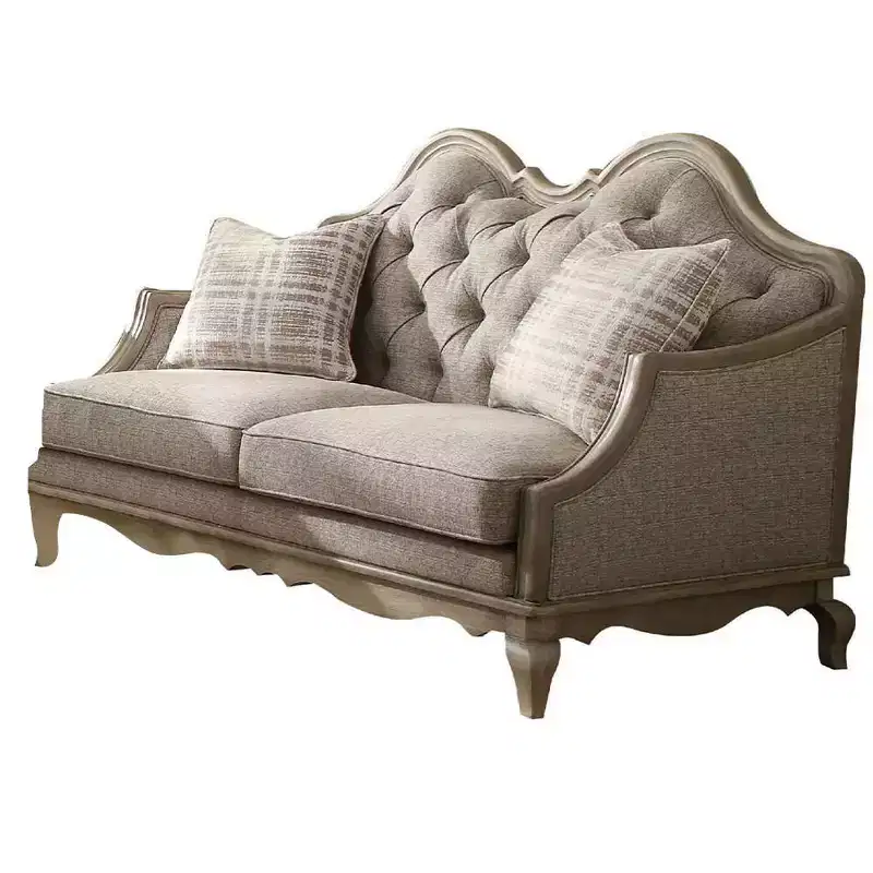 Tufted Loveseat Beige Fabric Upholstered Camelback Sofa Antique Taupe Wood Legs