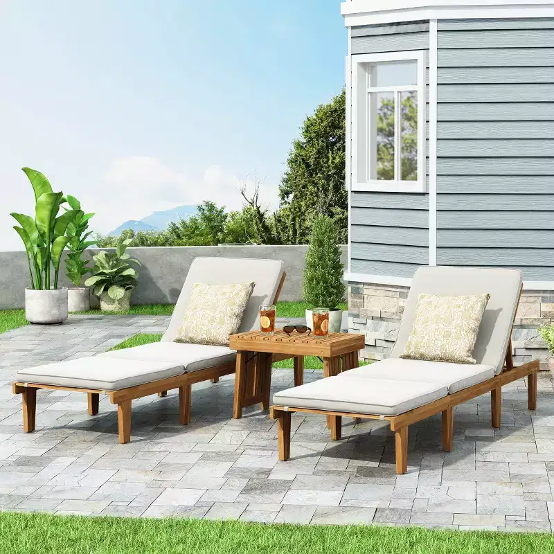 Christopher Knight Home Alisa Outdoor Acacia Wood 3 Piece Adjustable Armless Chaise Lounge Chat Set with Cushions