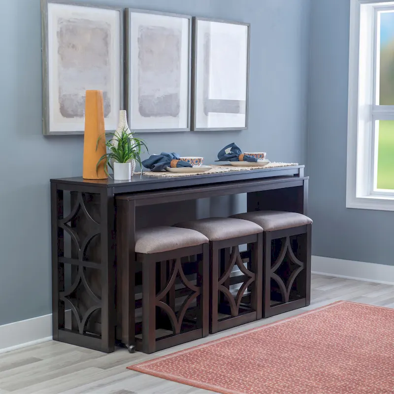 Crewson Wood 2-Piece Nesting Rolling Console with 3 Stools