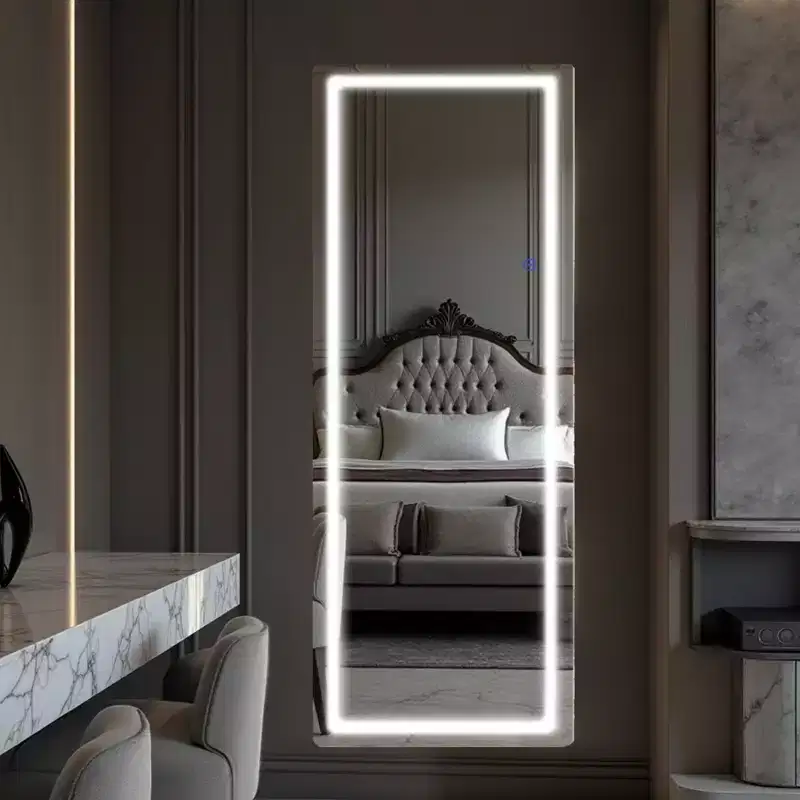 Full Body Rectangle Corner Aluminum Alloy Framless Rounded Mirror with Stand for Living Room Bedroom White