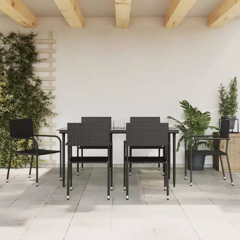 vidaXL Garden Dining Set Black Poly Rattan, Steel, Tempered Glass - 63 Table Length 6 Items