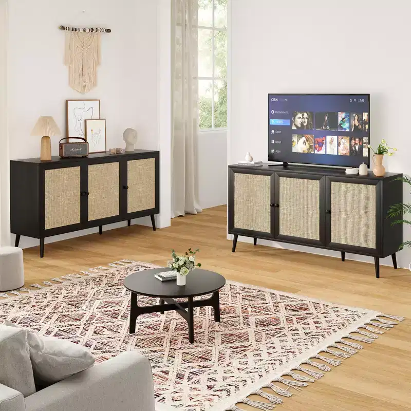 Modern Black Sideboard with 3 Rattan Doors – 59