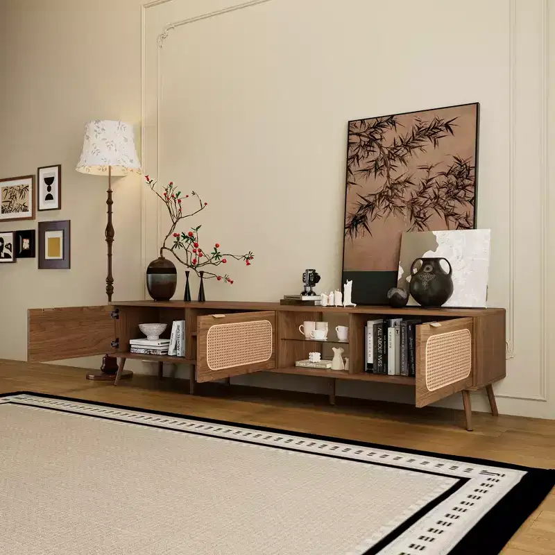 ModernLuxe TV Stand for up to 85 TV, Entertainment Center with Open Shelves & Rattan Doors, Console Table, Walnut