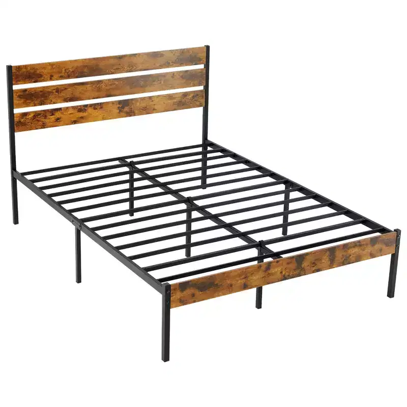 Brown Metal Bed Frame with Headboard and Footboard, 800LBS Sturdy Slats Support, Box Spring Free & Ultra-Quiet