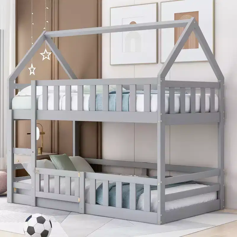 Twin over Twin House Bunk Bed for Kids, Floor Low Bunk Bed with Fence and Door, Wood Twin Size House Shaped Bunk Bed