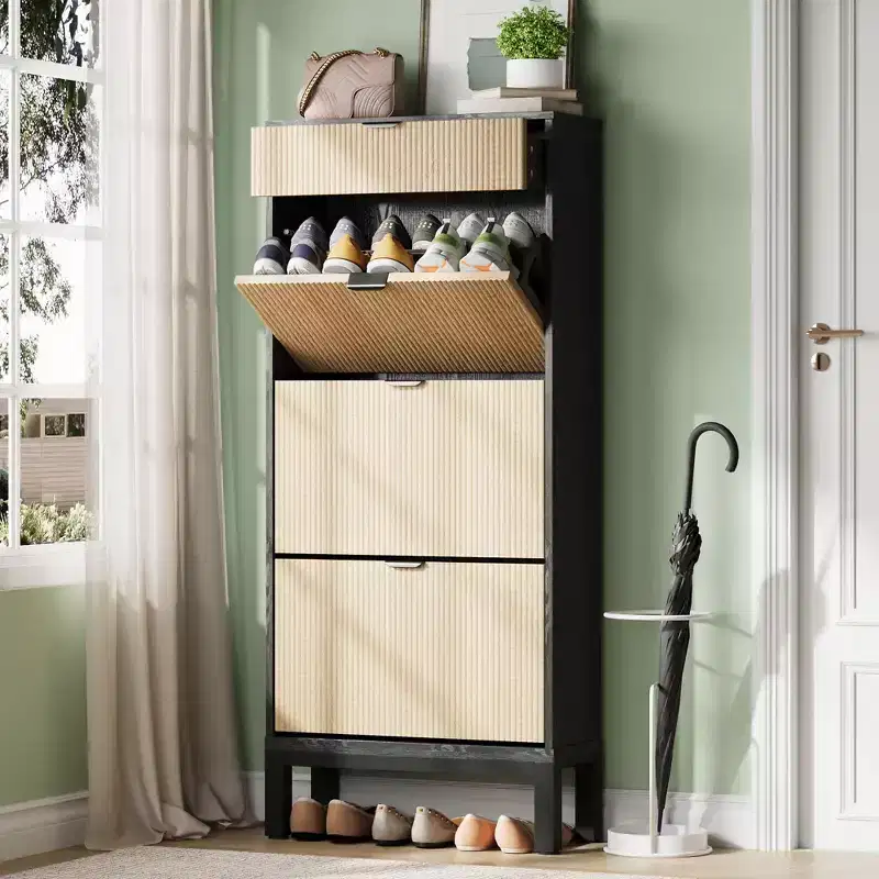 GustoWave Shoe Cabinet with 3 Flip Doors & 1 Drawer, Entrance Wooden Shoe Rack with Iron Legs, Slim Shoe Storage Cabinet, Modern Fluted Shoe Organizer