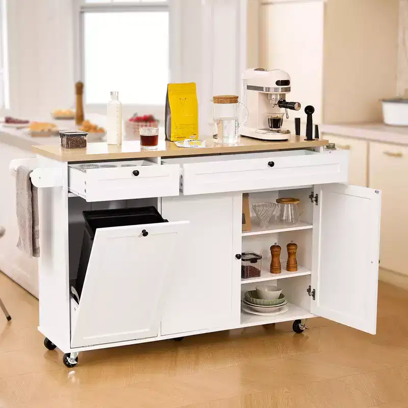 Kitchen Island Cart with Storage, 60in Wide Mobile Kitchen Cart with Wheels, Drop Leaf, 2 Drawers, Trash Can Cabinet, Knife Holder, White