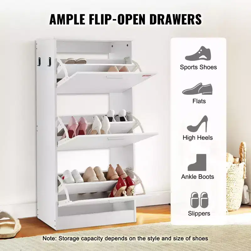 3-Flip Drawer Shoe Cabinet with Side Hooks – White, Freestanding, Holds 15 Pairs