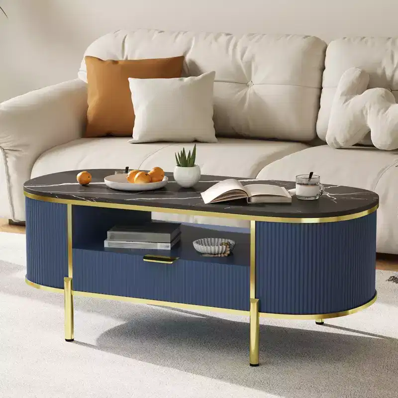Modern Grooved Coffee Table, 48 Inch Oval Coffee Table with Drawers, Imitation Marble Tabletop, Metal Trim, Natural Oak Center Table for Living Room