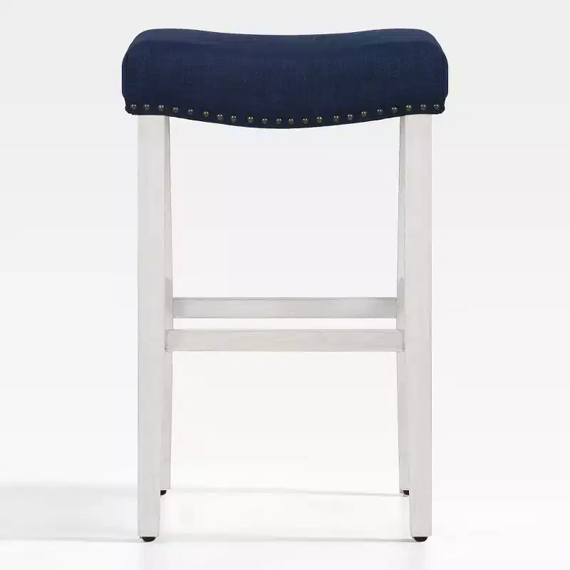 WestinTrends 29 Upholstered Backless Saddle Seat Bar Stool, Antique White/Navy Blue