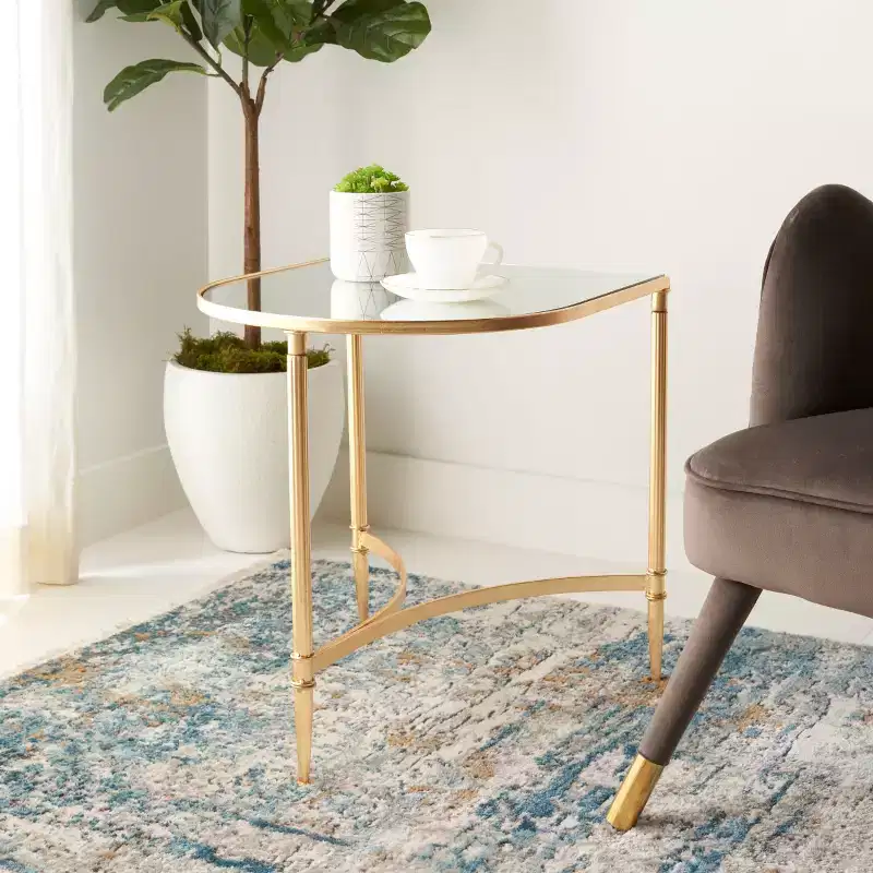 Gold & Mirror Accent Table with Curved Iron Base